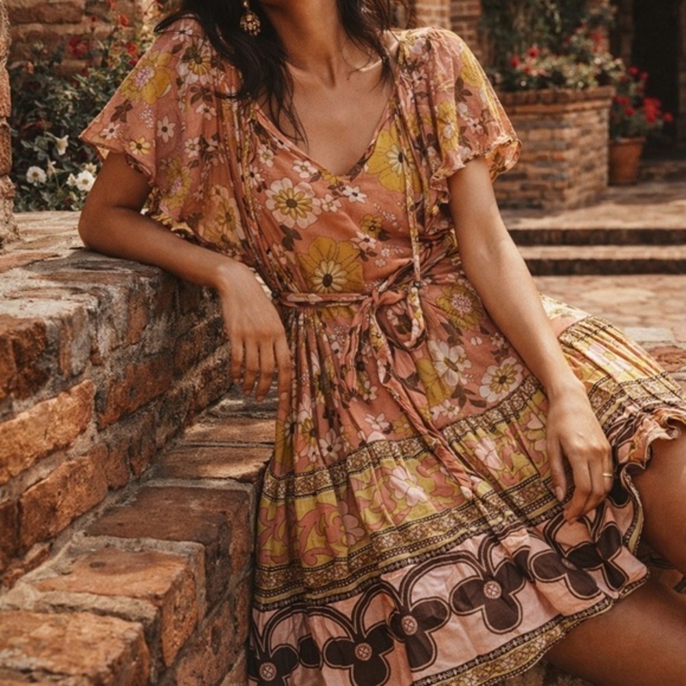 Spell & the Gypsy retro floral peach  mini buttercup flowy dress